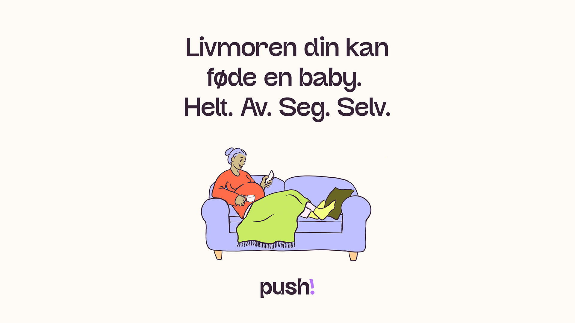 An illustration of a pregnant woman lying on the couch, looking at her phone.