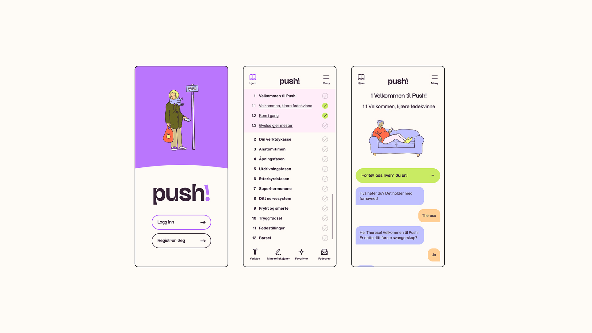 Three screenshots from the Push! mobile app.